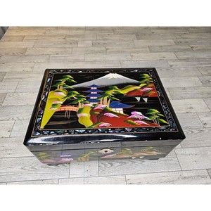 Vintage Made in Japan Black Lacquer Hand Painted Musical Music Box No Key